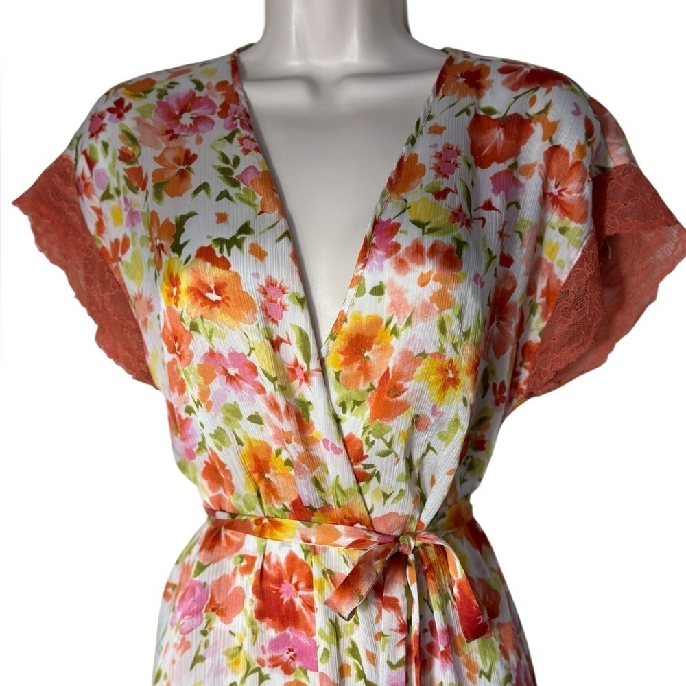 Oscar de la Renta Vintage Y2K Pink Orange Floral Label Chiffon Robe Small - Picture 3 of 11